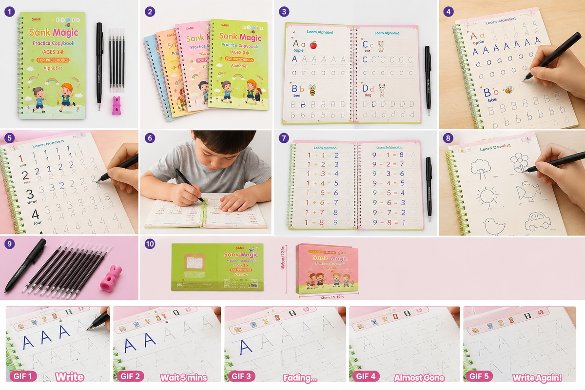 ✨ Magic Reusable Writing Book (4 Book + 10 Refill)